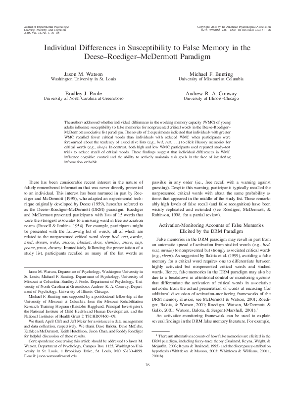 (PDF) Individual Differences in Susceptibility to False Memory in the ...