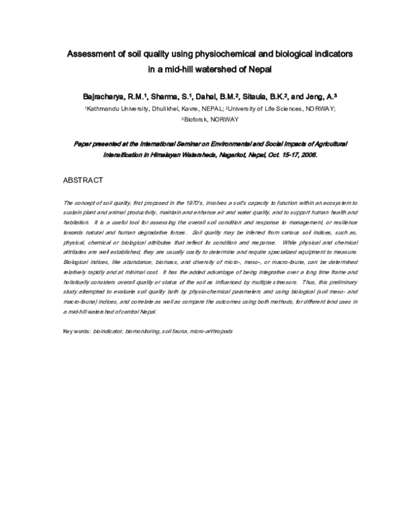 (PDF) Assessment of soil quality using physiochemical and biological ...