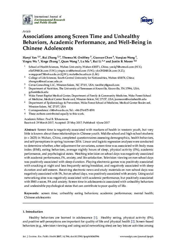 (PDF) Associations among Screen Time and Unhealthy Behaviors, Academic ...