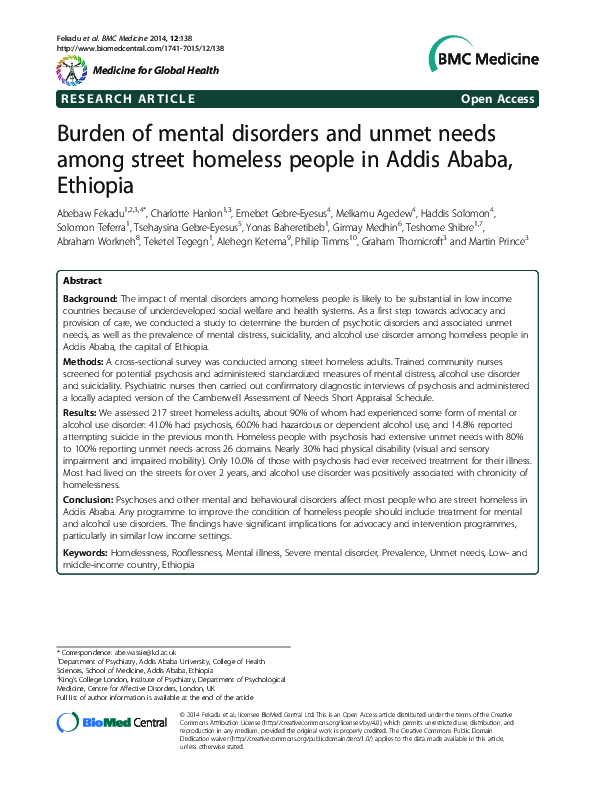 (PDF) Burden of mental disorders and unmet needs among street homeless ...