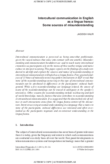 (PDF) Intercultural communication in English as a lingua franca: Some ...