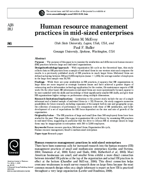 (PDF) Human resource management practices in mid‐sized enterprises