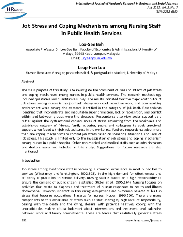 (PDF) Job Stress and Coping Mechanisms among Nursing Staff in