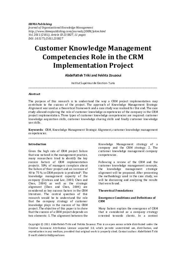 (PDF) Customer Knowledge Management Competencies Role in the CRM ...