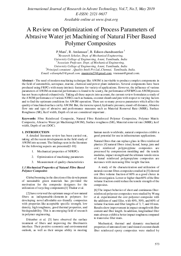(PDF) A Review on Optimization of Process Parameters of Abrasive Water ...