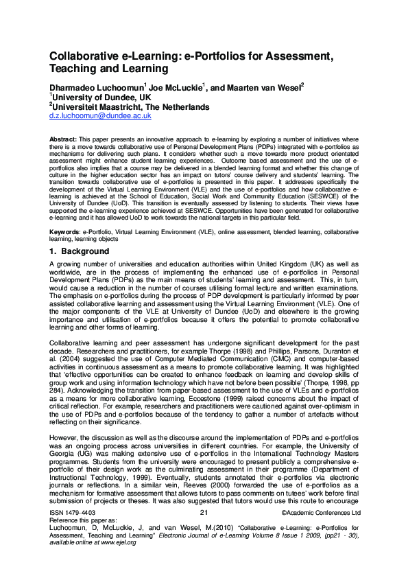 Pdf Collaborative E Learning E Portfolios For Assessment Teaching