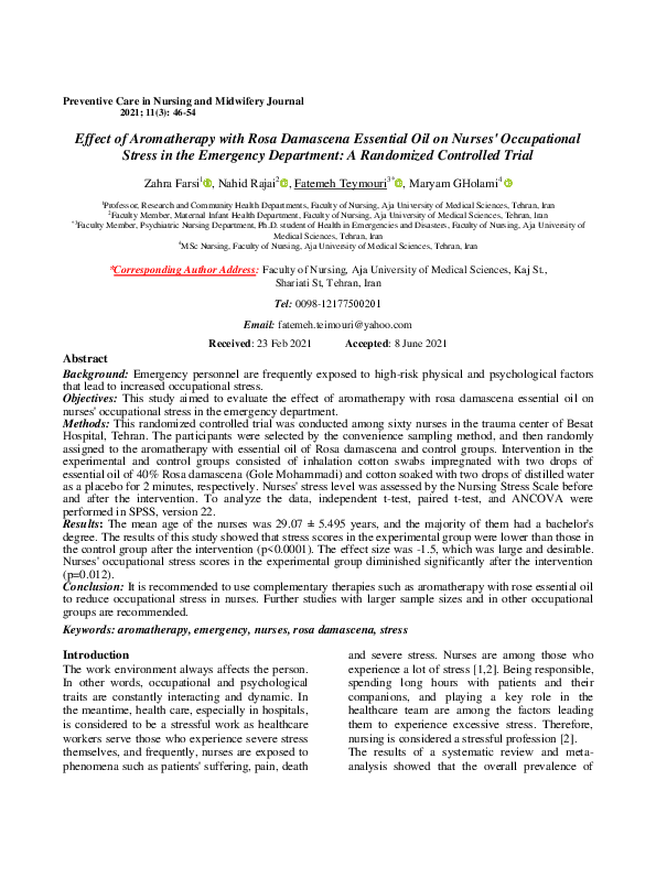 (PDF) Effect of Aromatherapy with Rosa Damascena Essential Oil on ...
