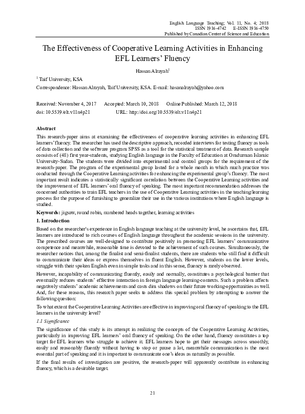 (PDF) The Effectiveness of Cooperative Learning Activities in Enhancing ...