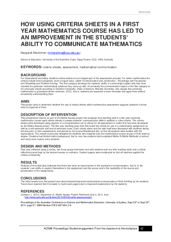 (PDF) How using criteria sheets in a first year mathematics course has ...