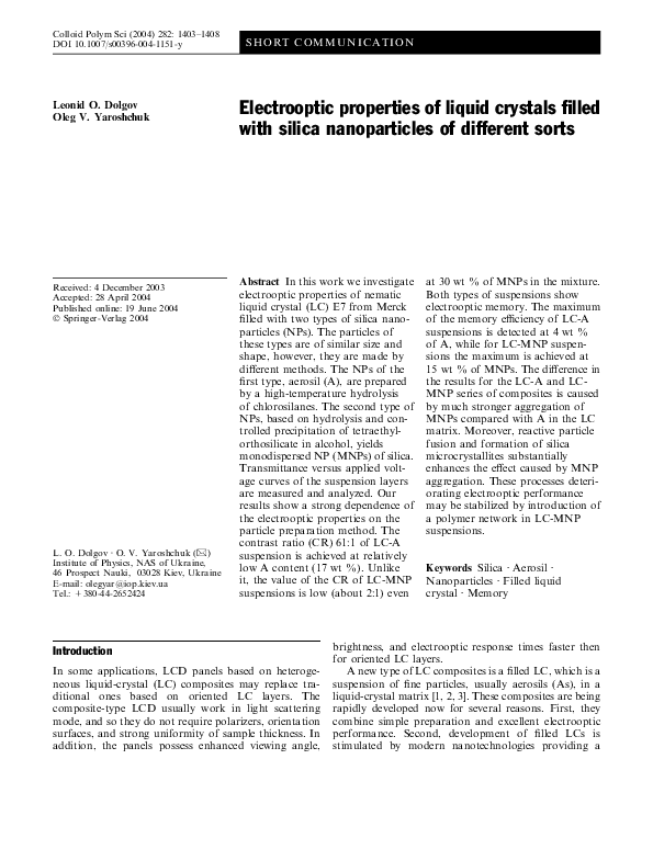 (PDF) Electrooptic properties of liquid crystals filled with silica ...
