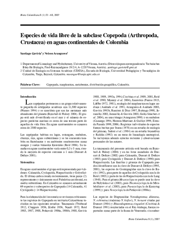 (PDF) Especies de vida libre de la subclase Copepoda (Arthropoda ...