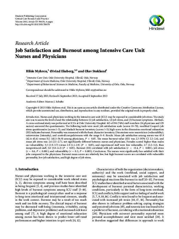 (PDF) Job Satisfaction and Burnout among Intensive Care Unit Nurses and ...