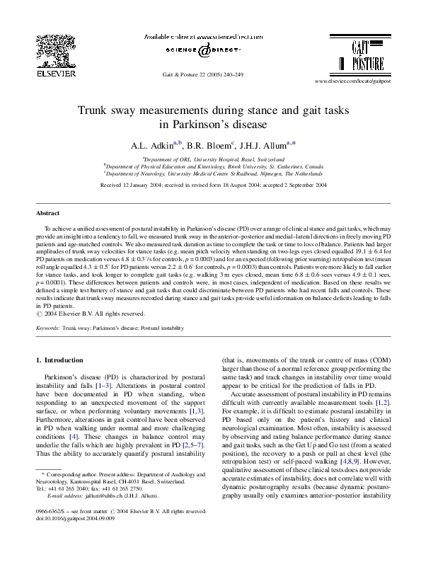 (PDF) Trunk sway measurements during stance and gait tasks in Parkinson ...