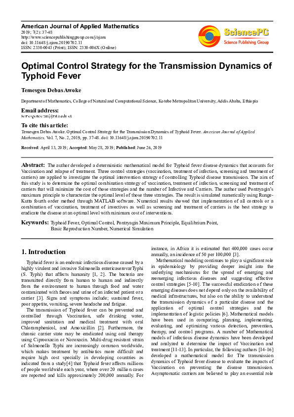 (PDF) Optimal Control Strategy for the Transmission Dynamics of Typhoid ...