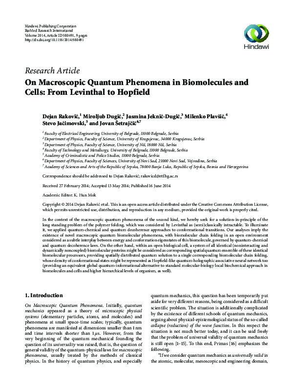 (PDF) On Macroscopic Quantum Phenomena in Biomolecules and Cells: From ...