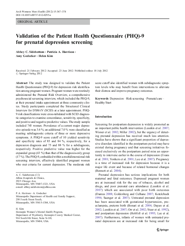 (PDF) Validation of the Patient Health Questionnaire (PHQ)-9 for ...