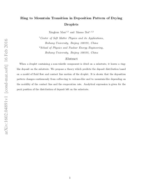 (PDF) Ring to Mountain Transition in Deposition Pattern of Drying Droplets