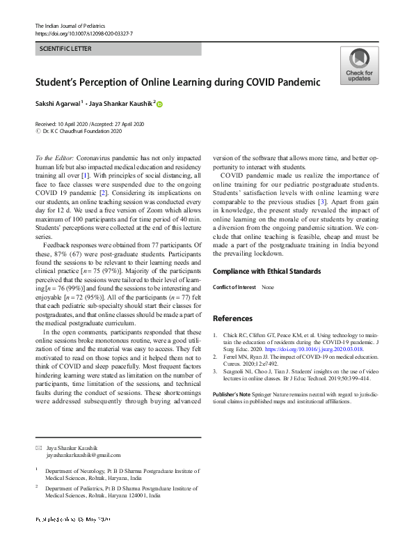 (PDF) Student’s Perception of Online Learning during COVID Pandemic