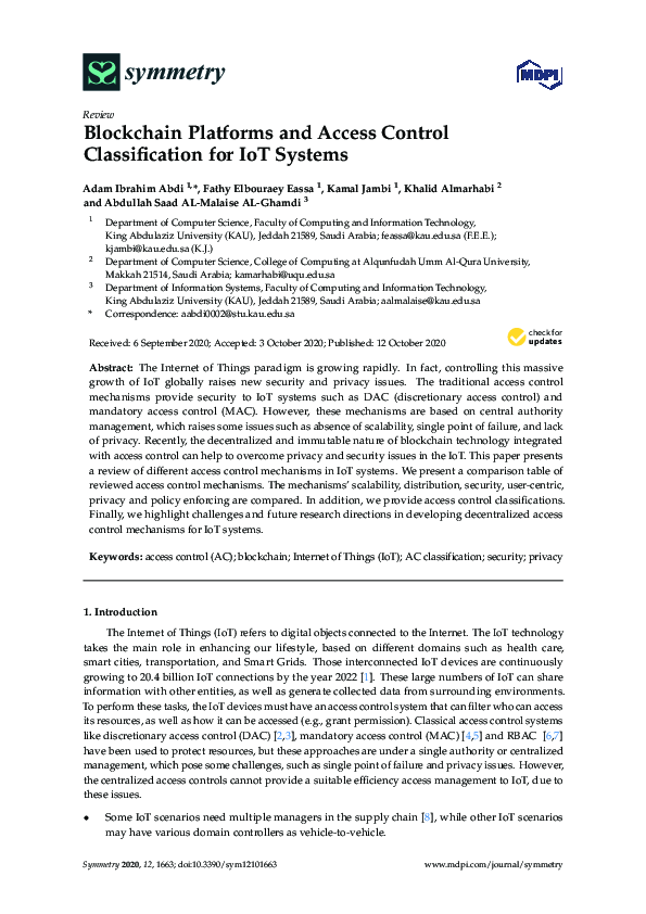 (PDF) Blockchain Platforms and Access Control Classification for IoT ...