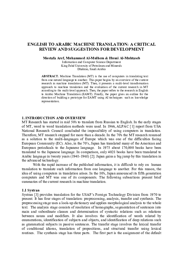 (PDF) English to Arabic Machine Translation: A Critical Review and ...