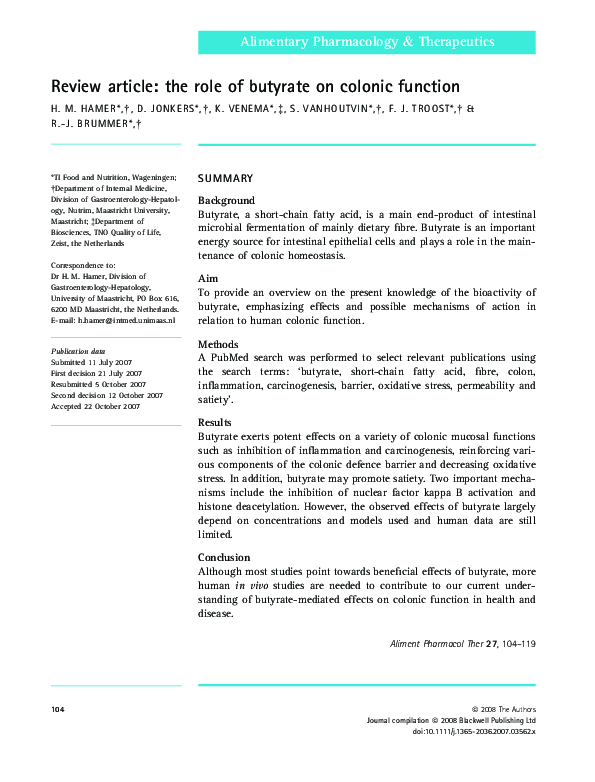 (PDF) Review article: the role of butyrate on colonic function: REVIEW ...