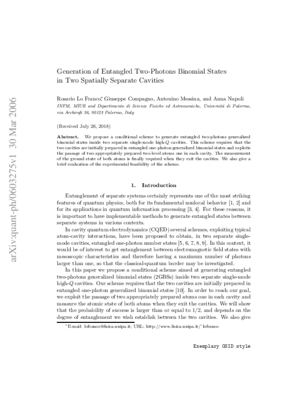 (PDF) Generation of Entangled Two-Photons Binomial States in Two ...