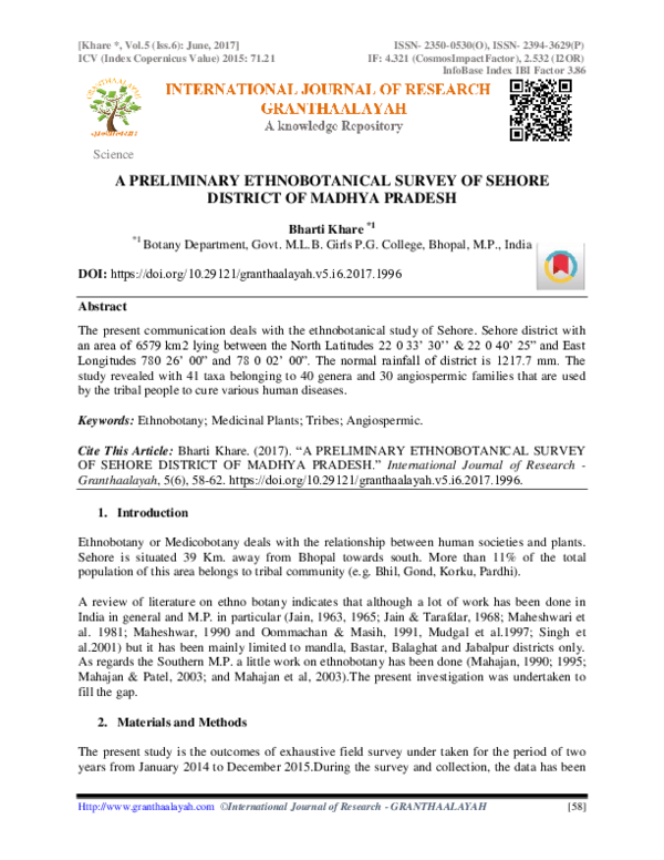 (PDF) A Preliminary Ethnobotanical Survey of Sehore District of Madhya ...