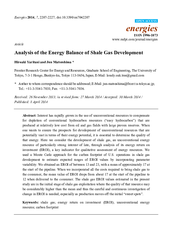 (PDF) Analysis of the Energy Balance of Shale Gas Development