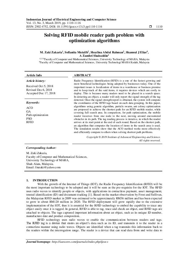(PDF) Solving RFID mobile reader path problem with optimization algorithms