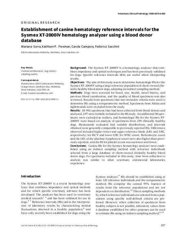(PDF) Establishment of canine hematology reference intervals for the ...