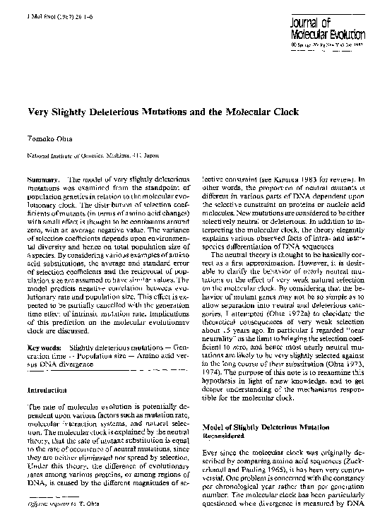 (PDF) Very slightly deleterious mutations and the molecular clock