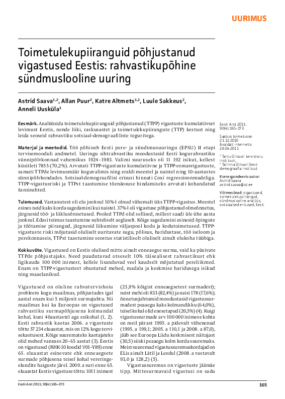 Toimetulekupiiranguid põhjustanud vigastused Eestis: rahvastikupõhine sündmuslooline uuring
