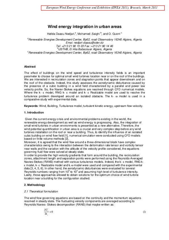 (PDF) Wind energy integration in urban areas