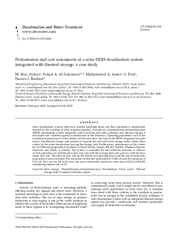 (PDF) Performance and cost assessment of a solar HDH desalination ...