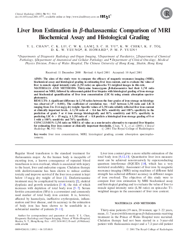 (PDF) Liver Iron Estimation in βthalassaemia Comparison of MRI