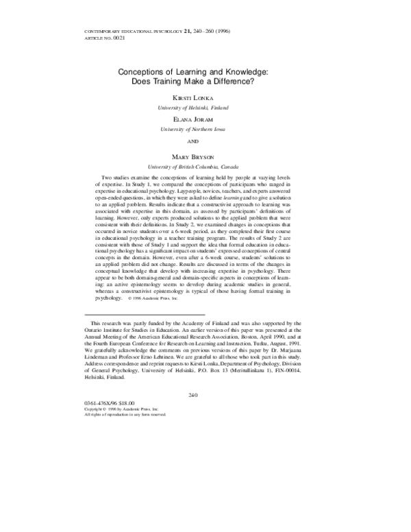 (PDF) Conceptions of Learning and Knowledge: Does Training Make a ...