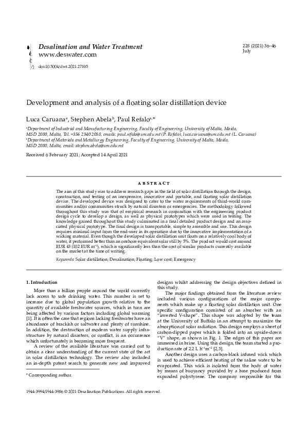(PDF) Development and analysis of a floating solar distillation device