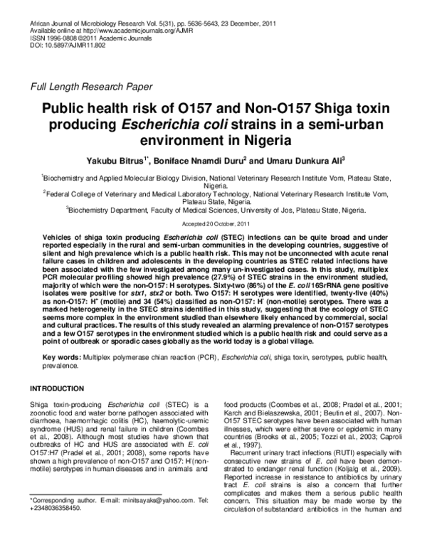 (PDF) Public health risk of O157 and Non-O157 Shiga toxin producing ...