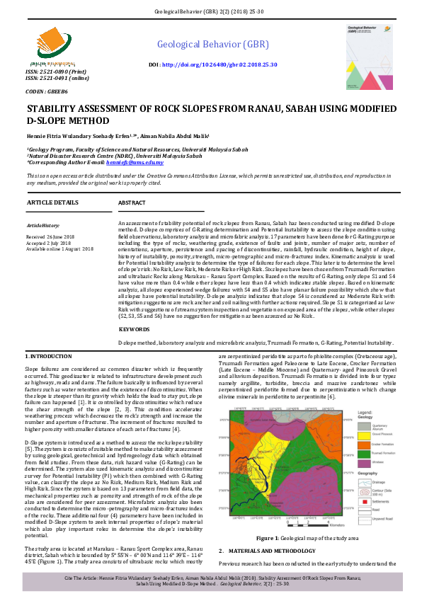 (PDF) Stability Assessment of Rock Slopes from Ranau, Sabah Using ...