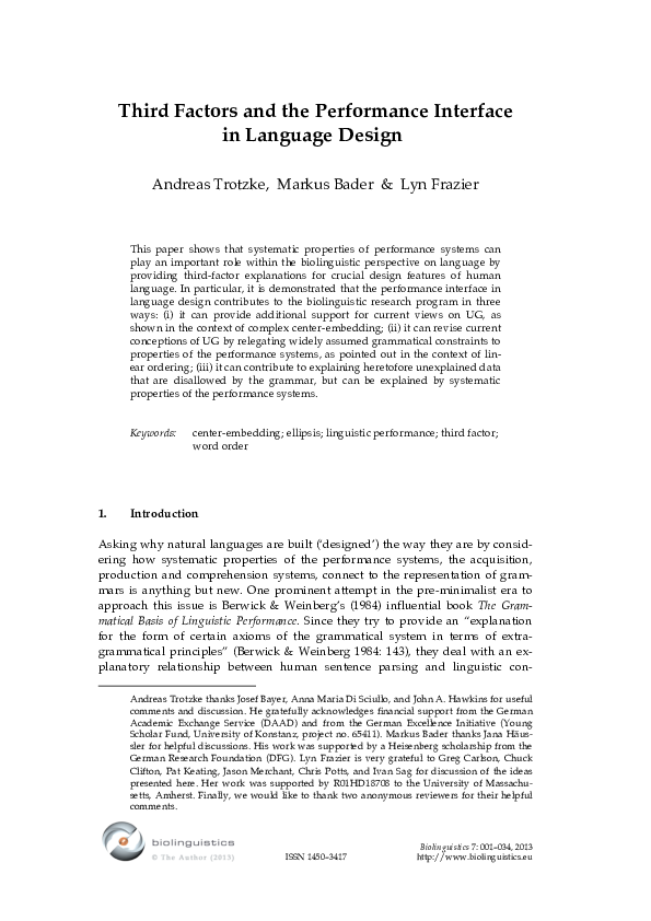 (PDF) Third Factors and the Performance Interface in Language Design