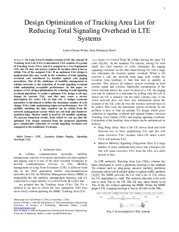 (PDF) Design Optimization of Tracking Area List for Reducing Total ...