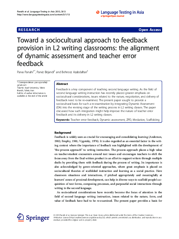 (PDF) Toward a sociocultural approach to feedback provision in L2 ...