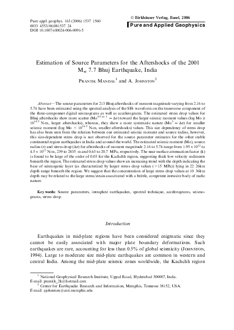 (PDF) Estimation of Source Parameters for the Aftershocks of the 2001 ...