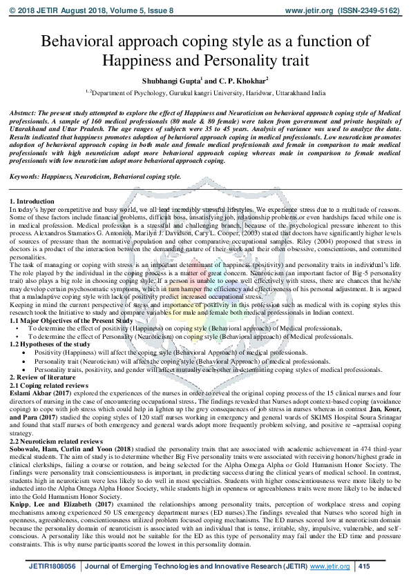 (PDF) Behavioral approach coping style as a function of Happiness and ...