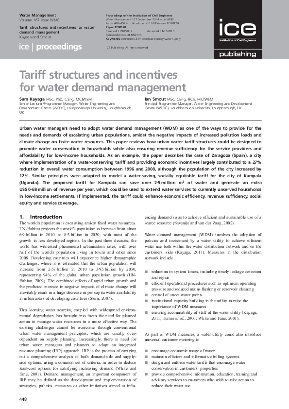 (PDF) Tariff structures and incentives for water demand management