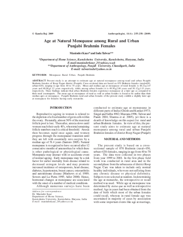 (PDF) Age at Natural Menopause among Rural and Urban Punjabi Brahmin