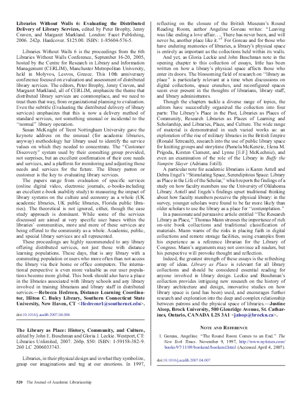 (PDF) The Library As Place: History, Community, and Culture