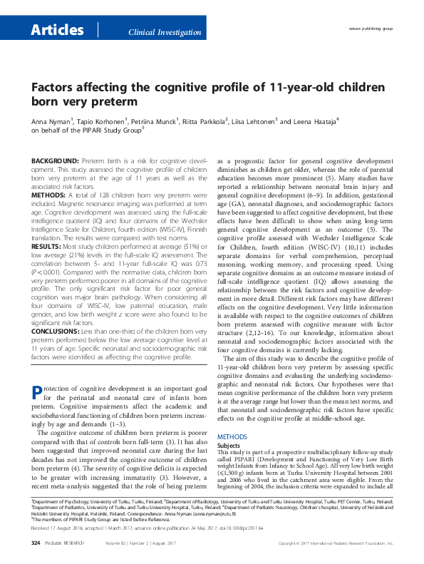 (PDF) Factors affecting the cognitive profile of 11-year-old children ...