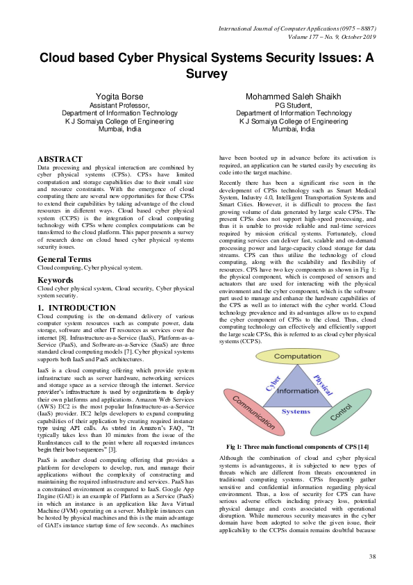 (PDF) Cloud based Cyber Physical Systems Security Issues: A Survey