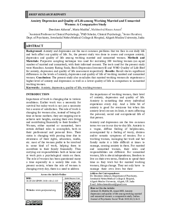 (PDF) Anxiety Depression and Quality of Life among Working Married and ...